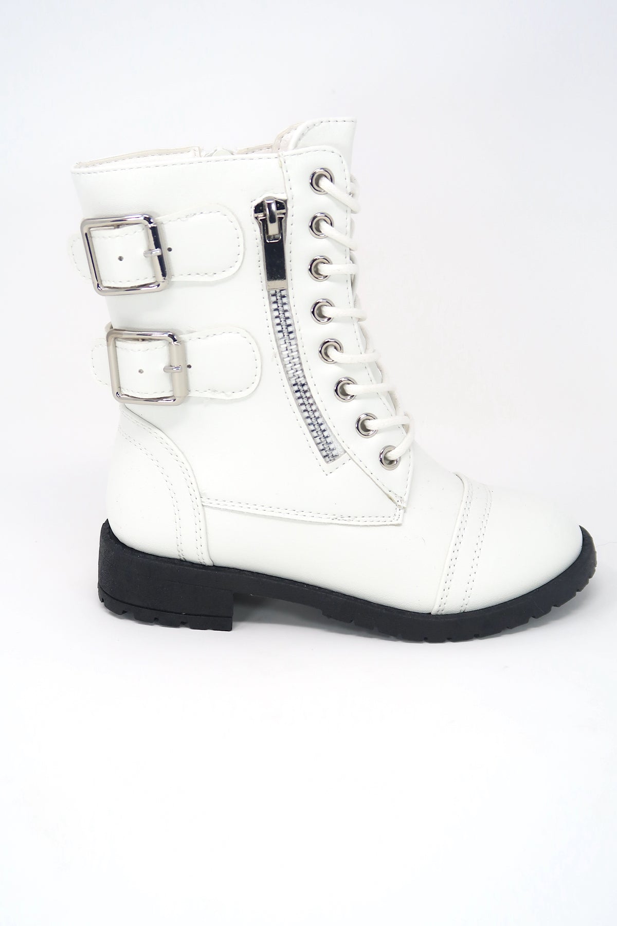 Girls Lace Up &amp; Zip up Combat Boot with Buckle Accents White