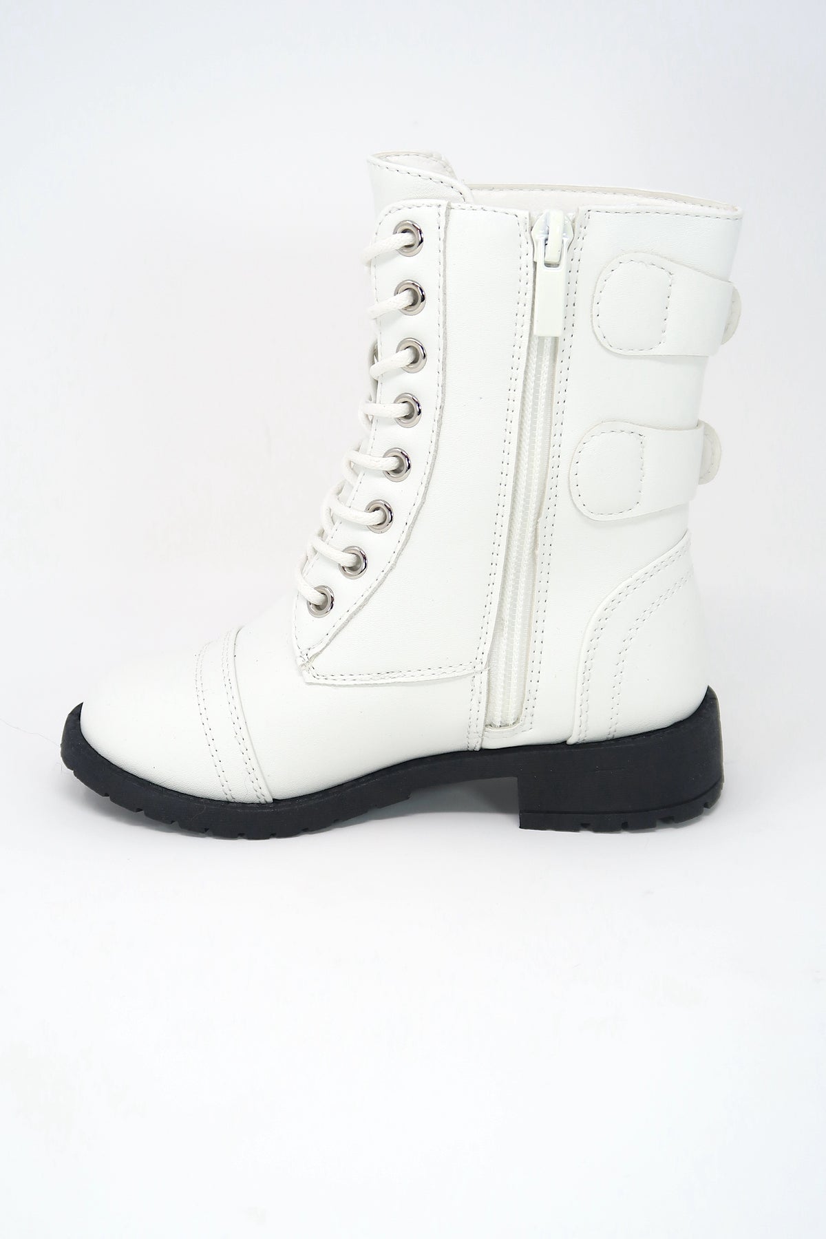 Girls Lace Up &amp; Zip up Combat Boot with Buckle Accents White