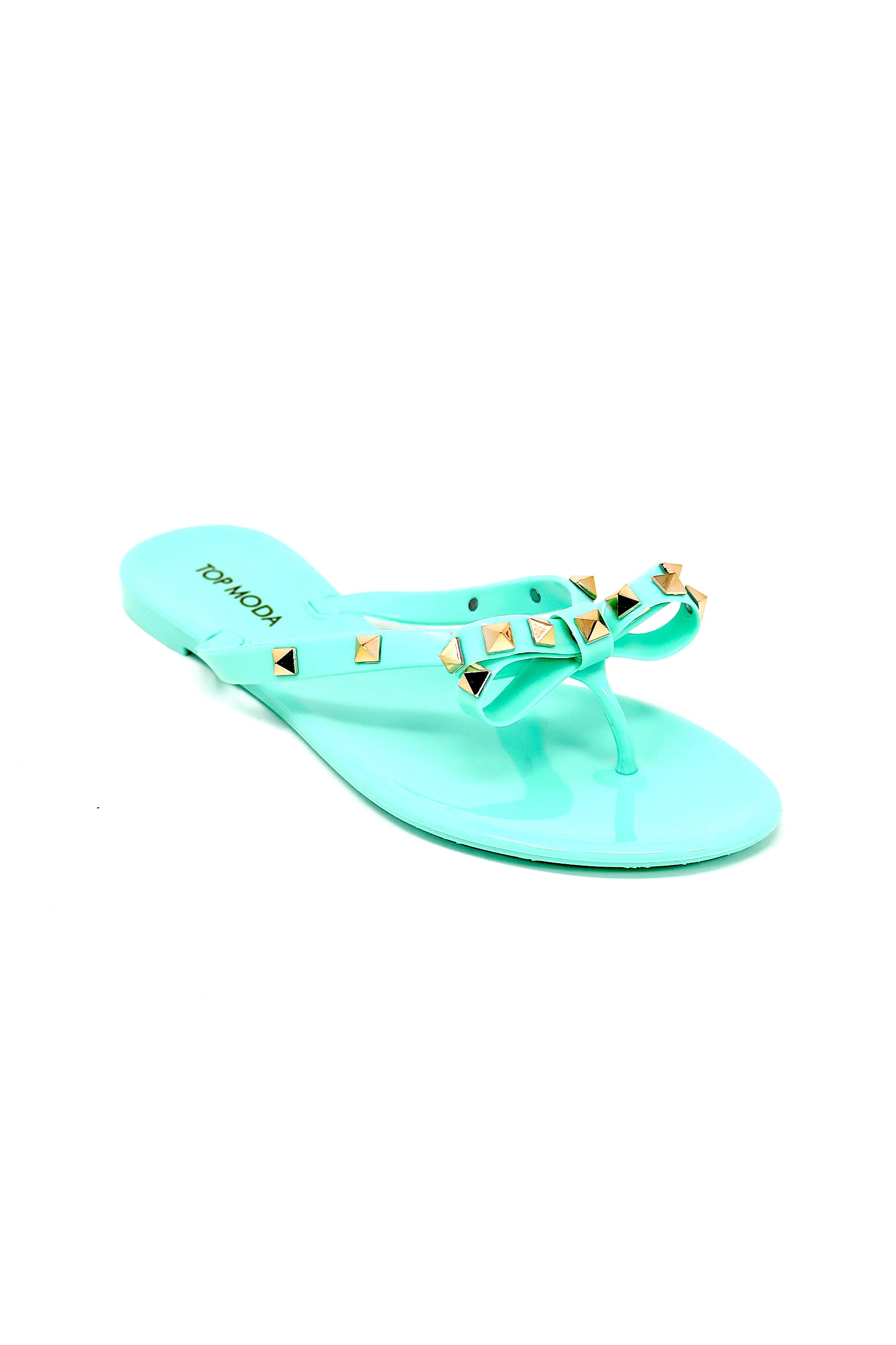 Womens Studded Jelly Flip Flops Sandals with Bow mint