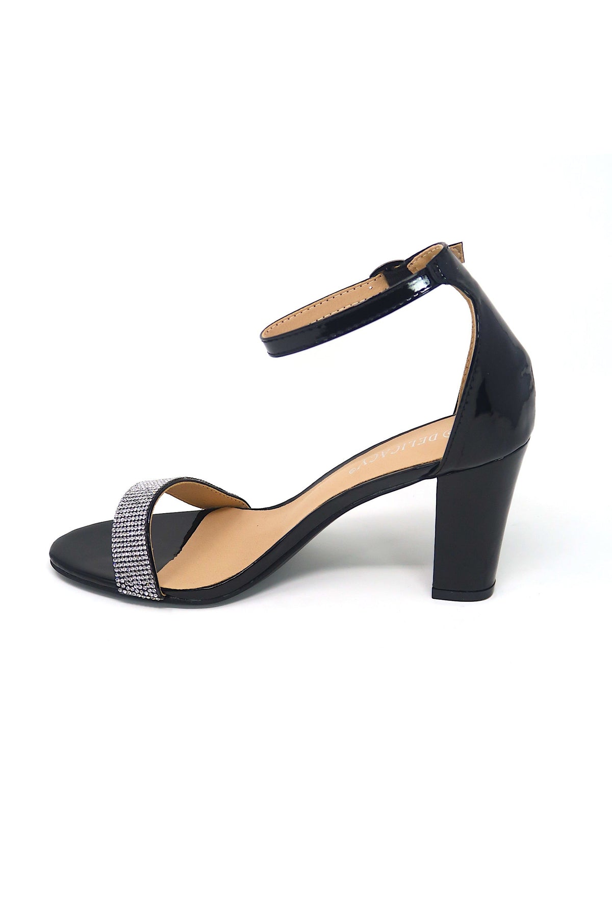 Women&#39;s Over the toe rhinestone strap and ankle buckle strap Black