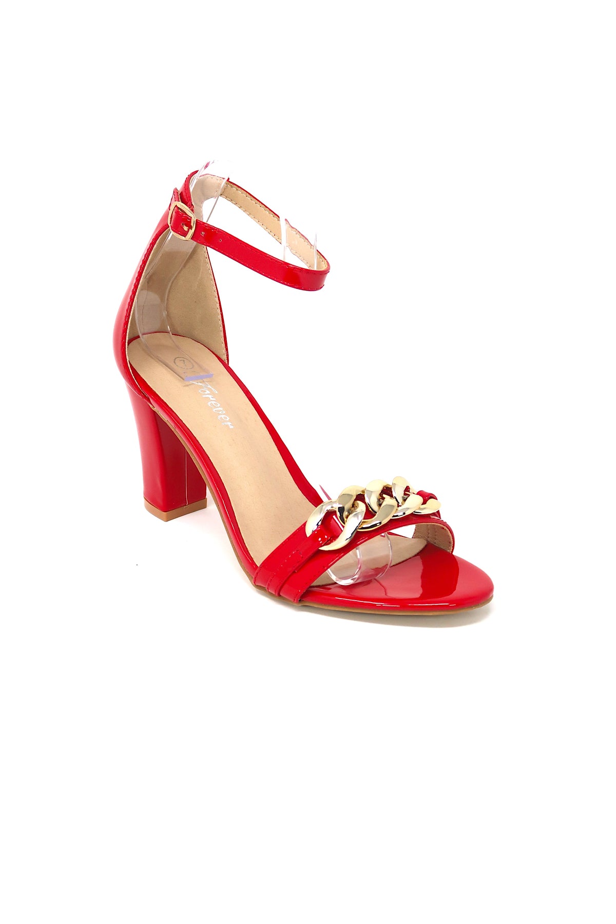 Women&#39;s Classic Block Heel with Gold Chain Strap Accent &amp; Ankle Buckle Strap Red