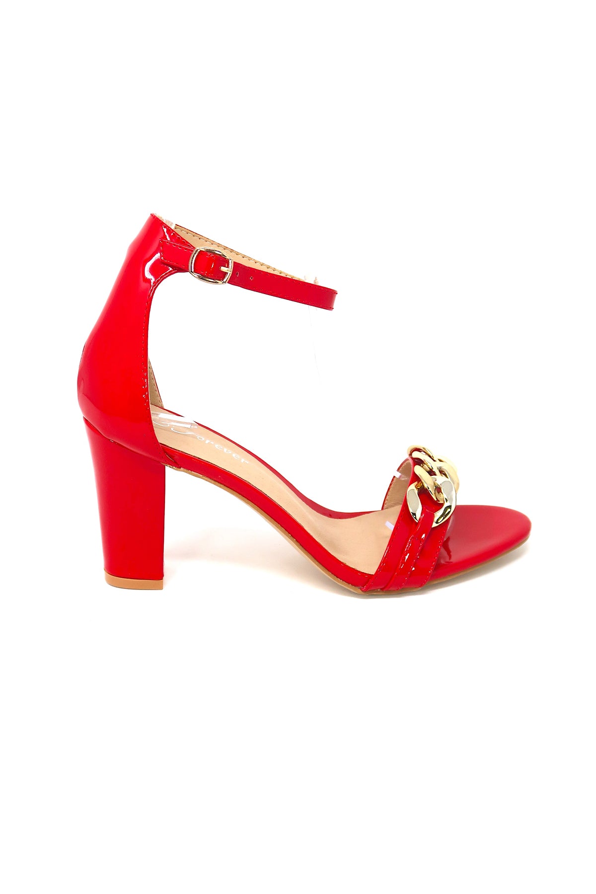 Women&#39;s Classic Block Heel with Gold Chain Strap Accent &amp; Ankle Buckle Strap Red