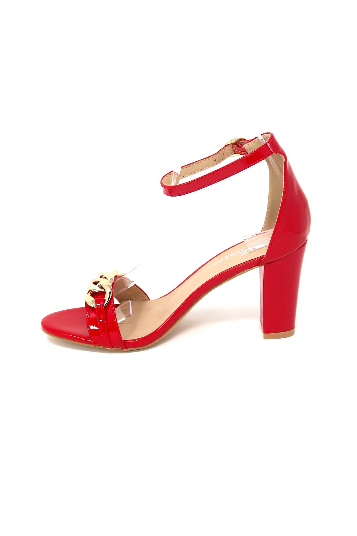 Women&#39;s Classic Block Heel with Gold Chain Strap Accent &amp; Ankle Buckle Strap Red