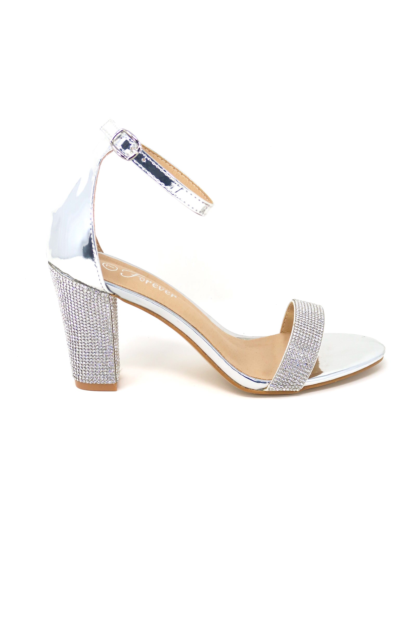 Forever Women's Platform Chunky Heel Rhinestones Ankle Strap High Heel Silver