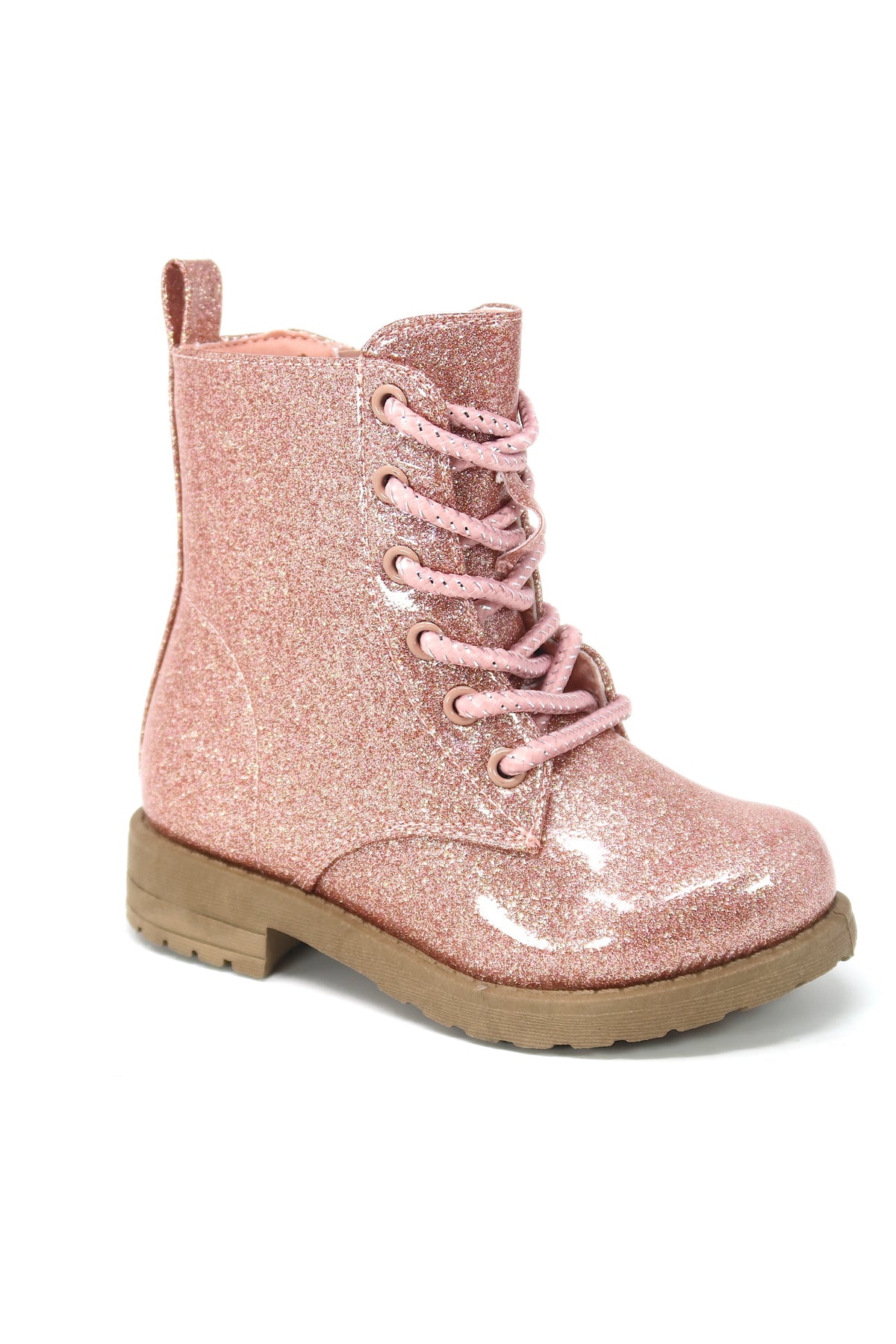 Glitter Ankle Boots, Lace Up Waterproof Combat Shoes With Side Zipper for Toddler/Little Kid/Big Kid Pink