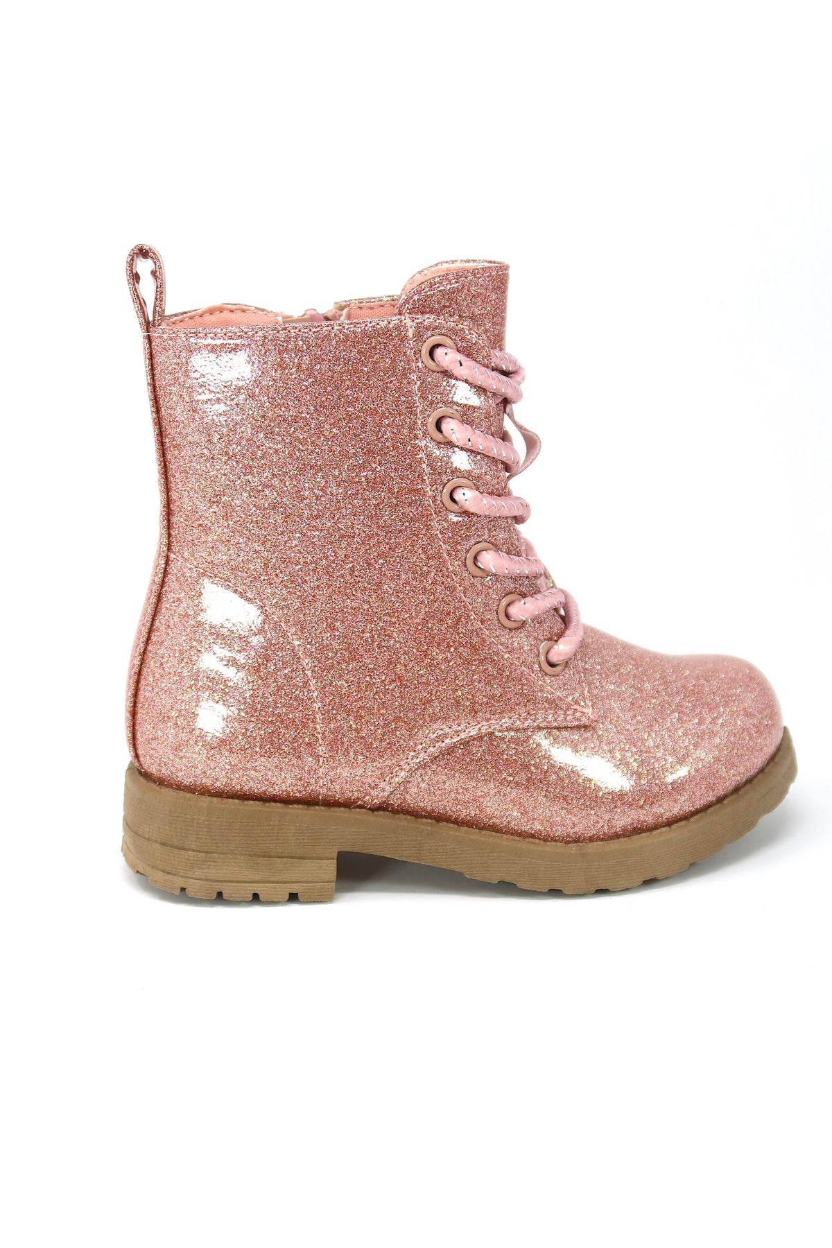 Glitter Ankle Boots, Lace Up Waterproof Combat Shoes With Side Zipper for Toddler/Little Kid/Big Kid Pink