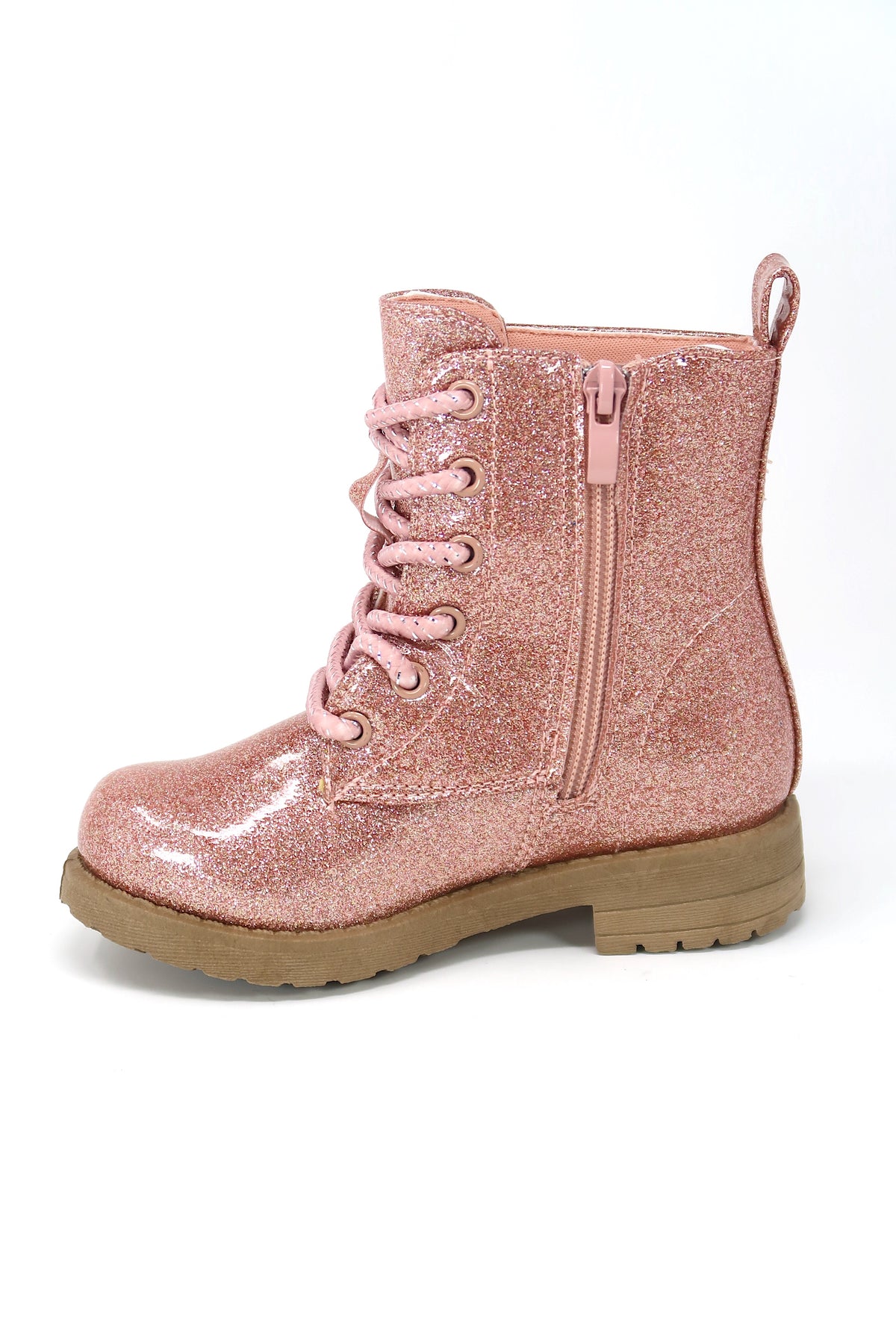 Glitter Ankle Boots, Lace Up Waterproof Combat Shoes With Side Zipper for Toddler/Little Kid/Big Kid Pink