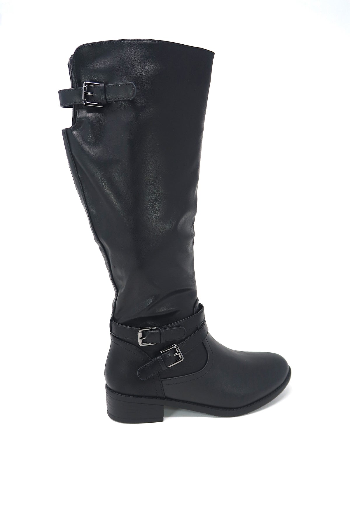 Women&#39;s Buckle Slouch Knee High Boots Black leather