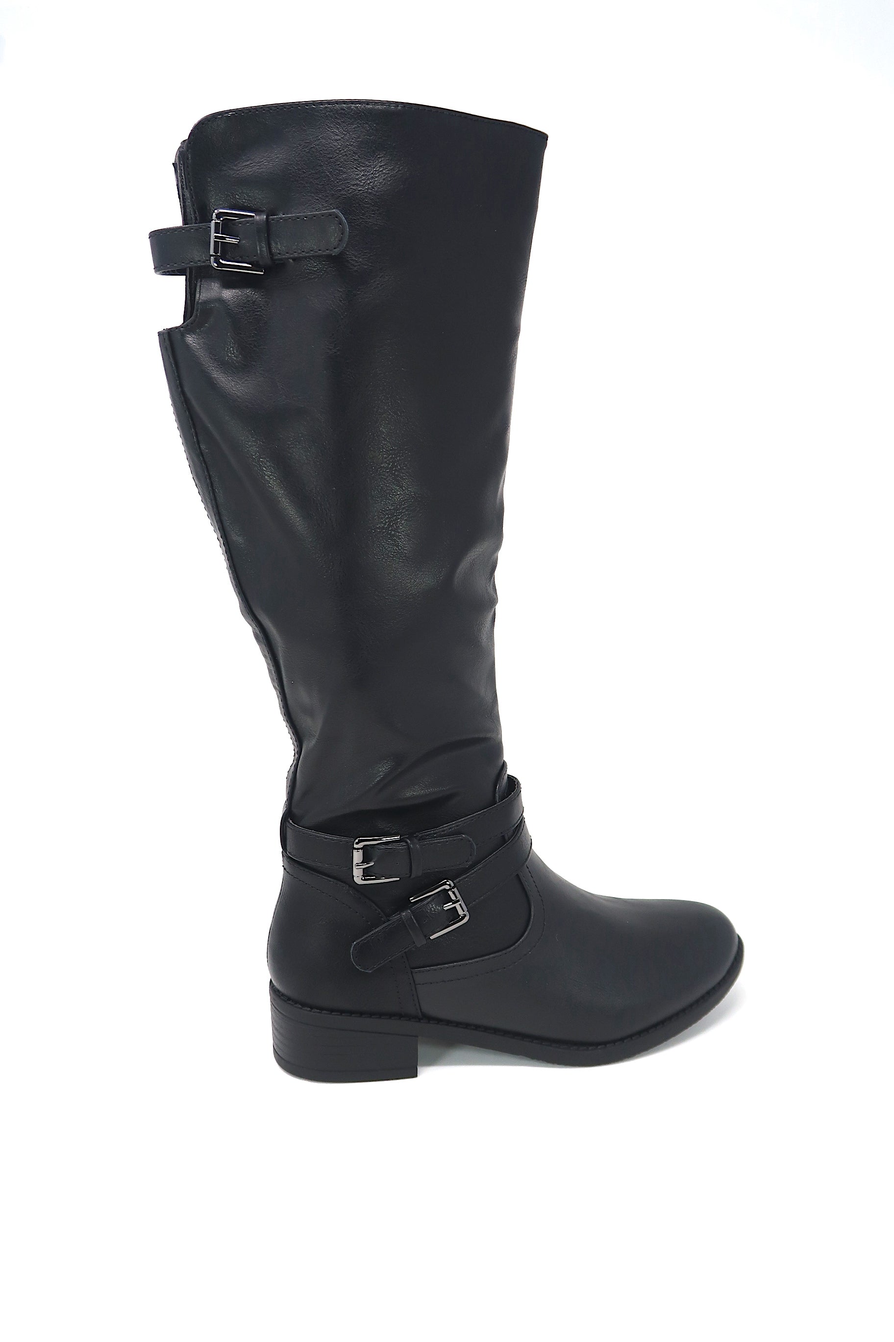 Women's Buckle Slouch Knee High Boots Black leather