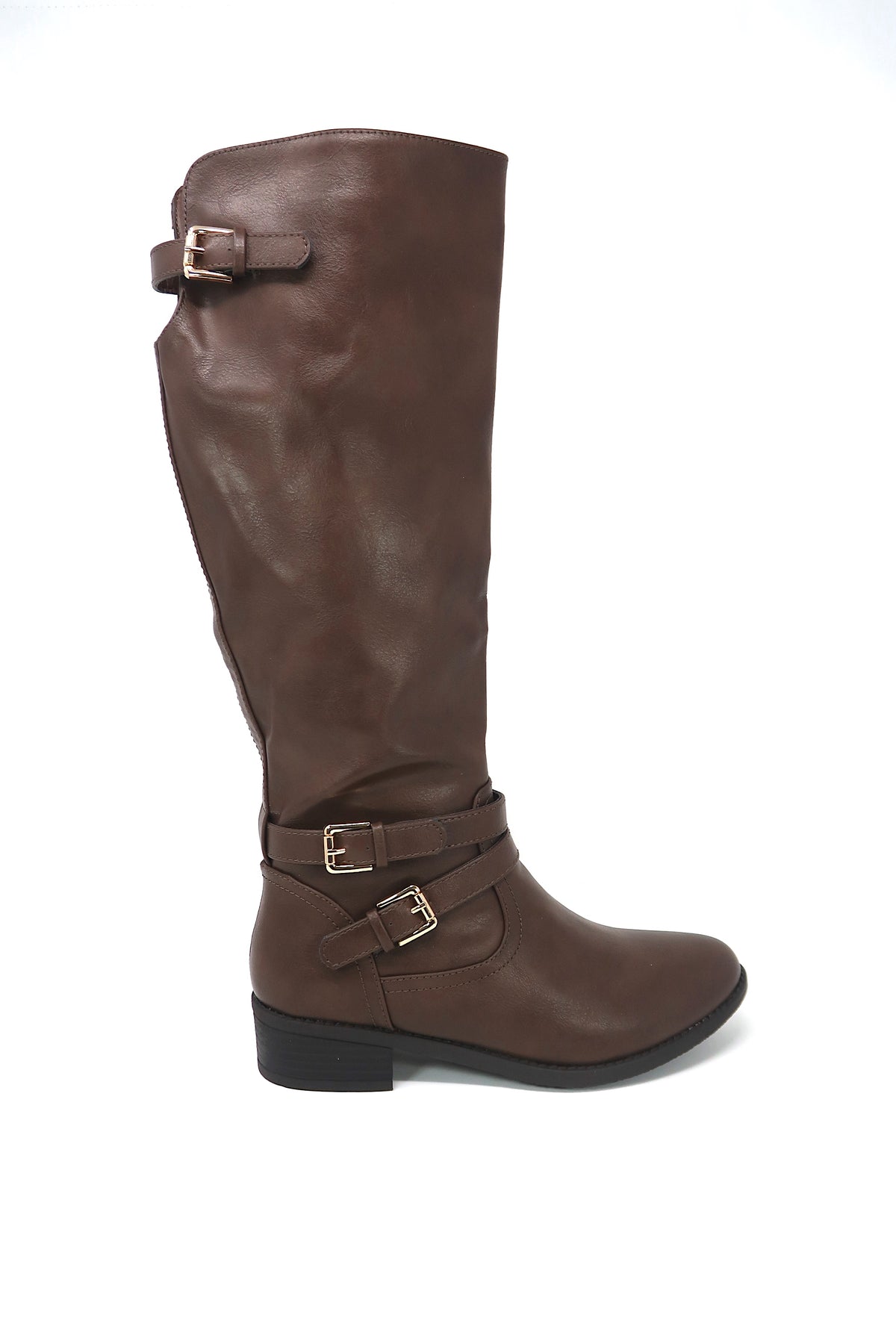 Women&#39;s Buckle Slouch Knee High Boots Brown leather