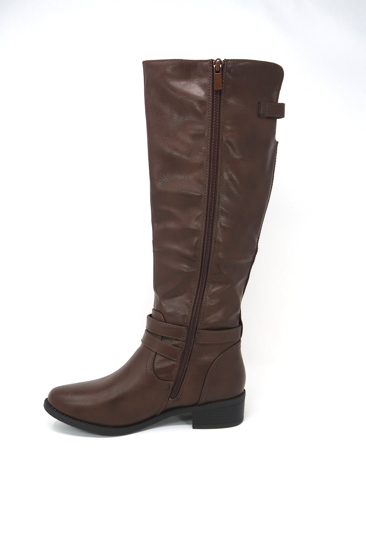 Women&#39;s Buckle Slouch Knee High Boots Brown leather