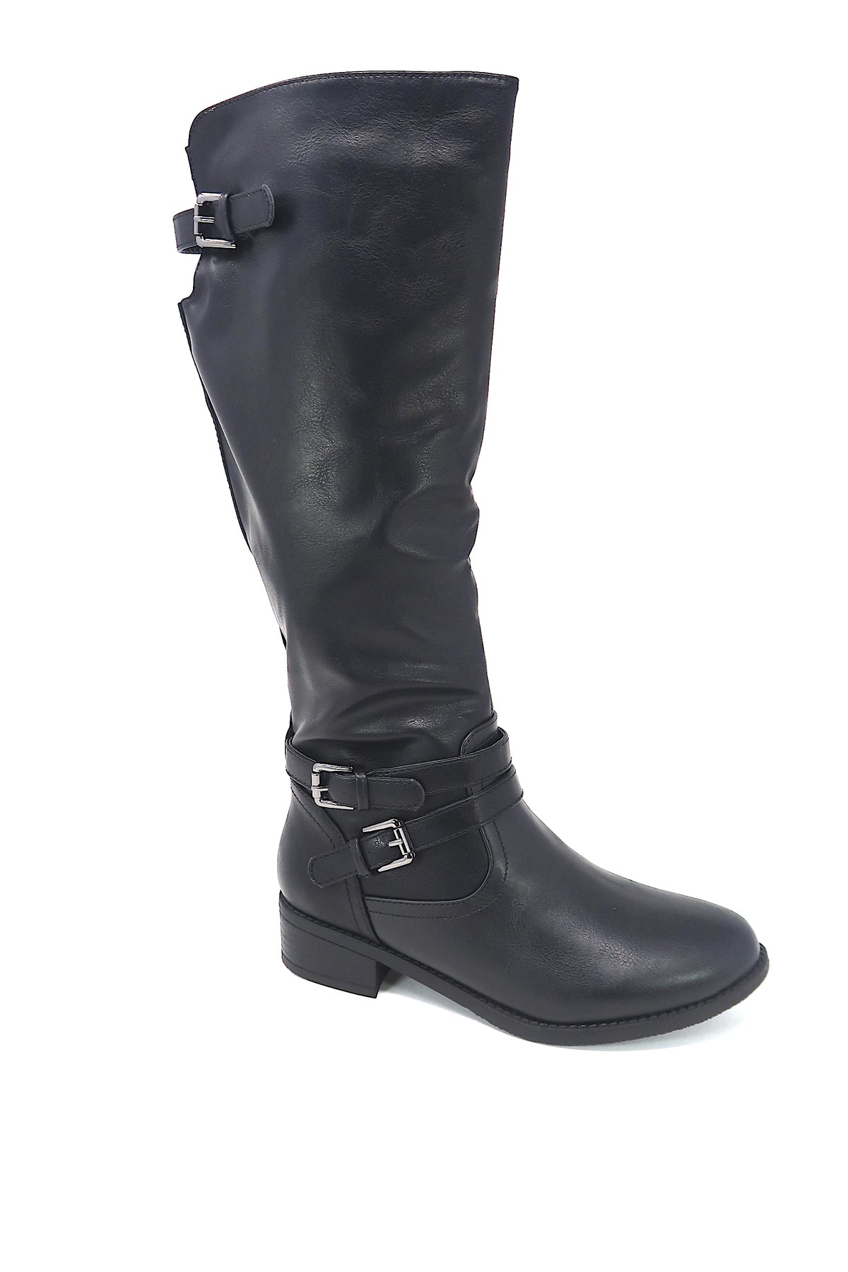 Women&#39;s Buckle Slouch Knee High Boots Black leather