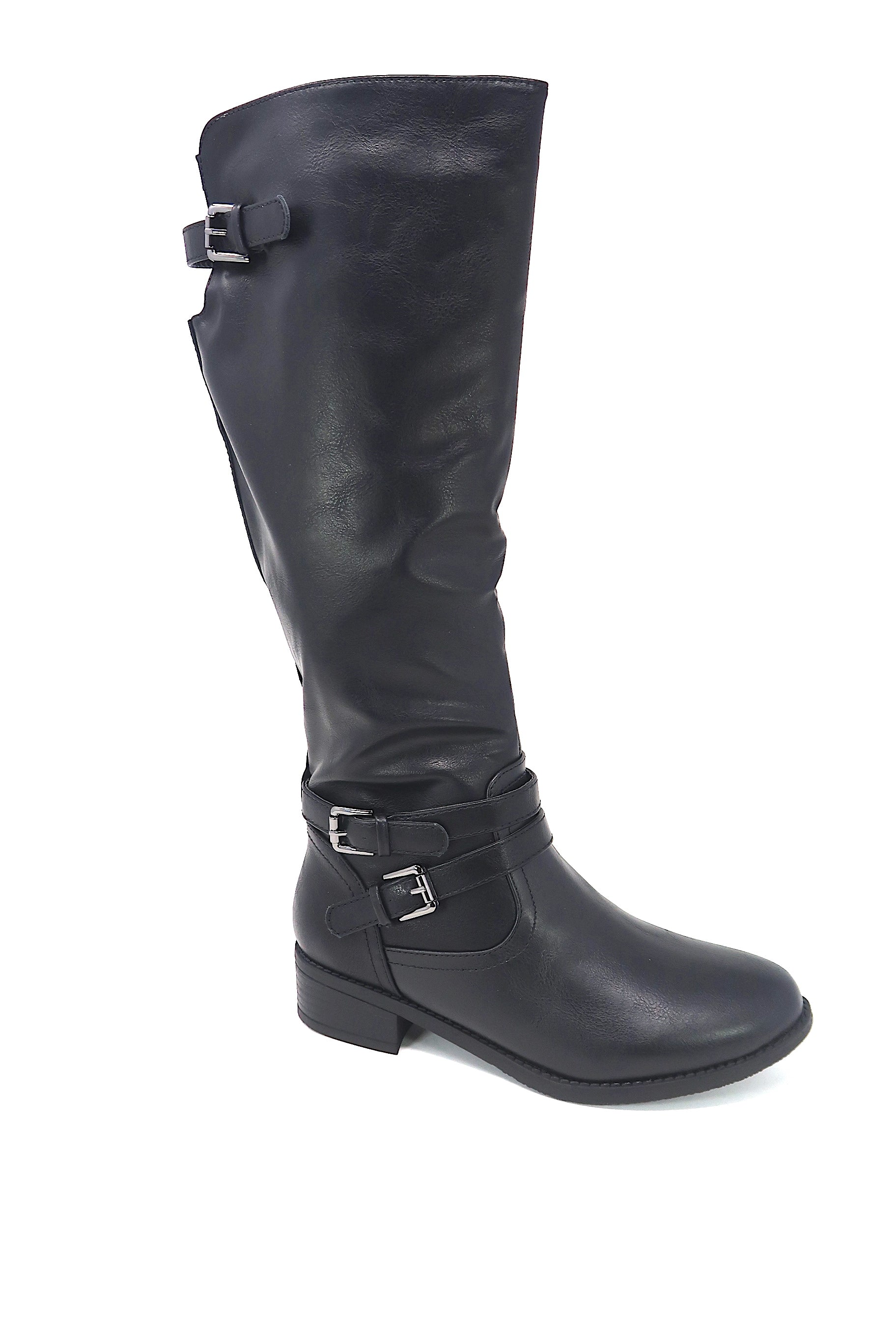 Women's Buckle Slouch Knee High Boots Black leather