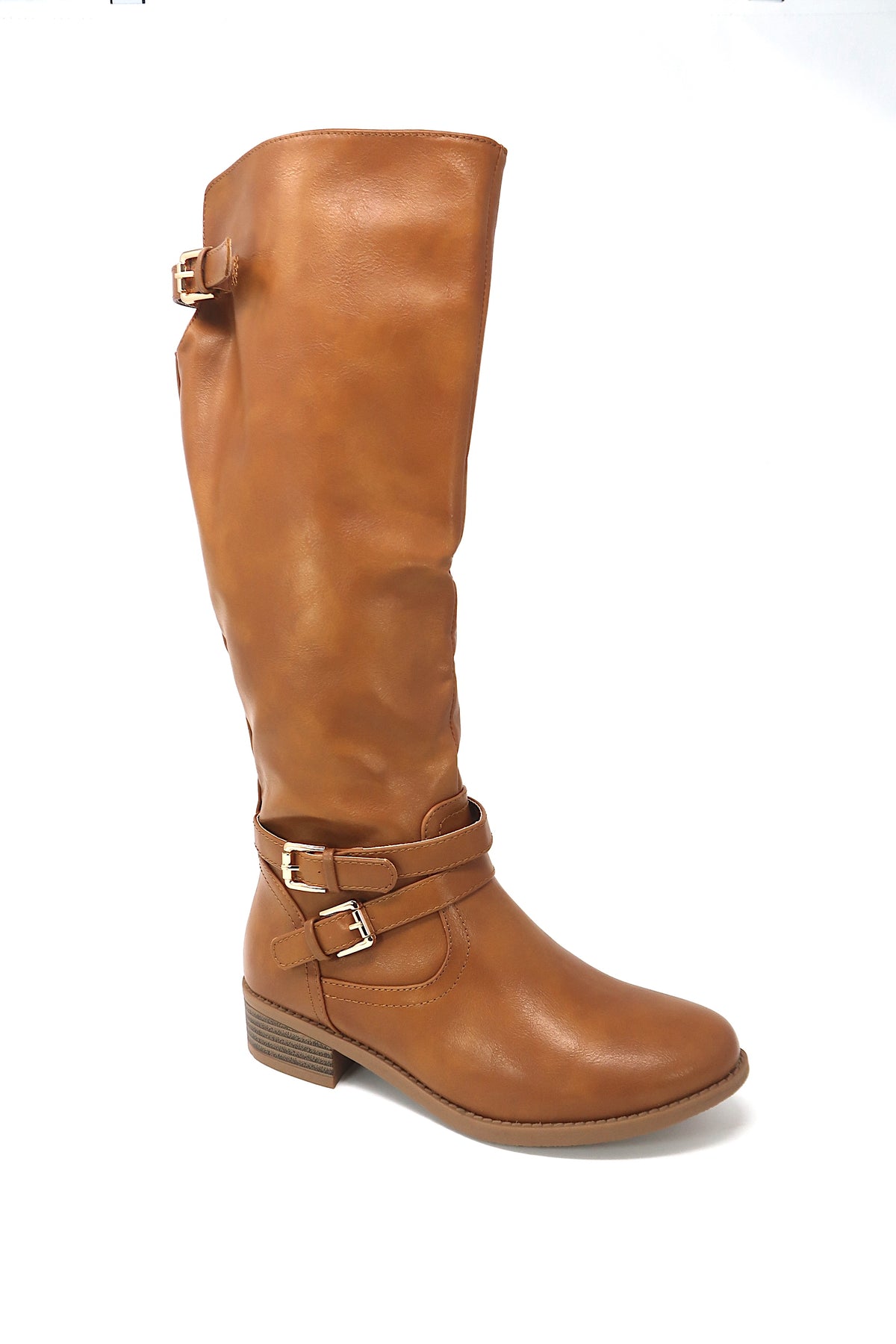 Women&#39;s Buckle Slouch Knee High Boots Tan leather