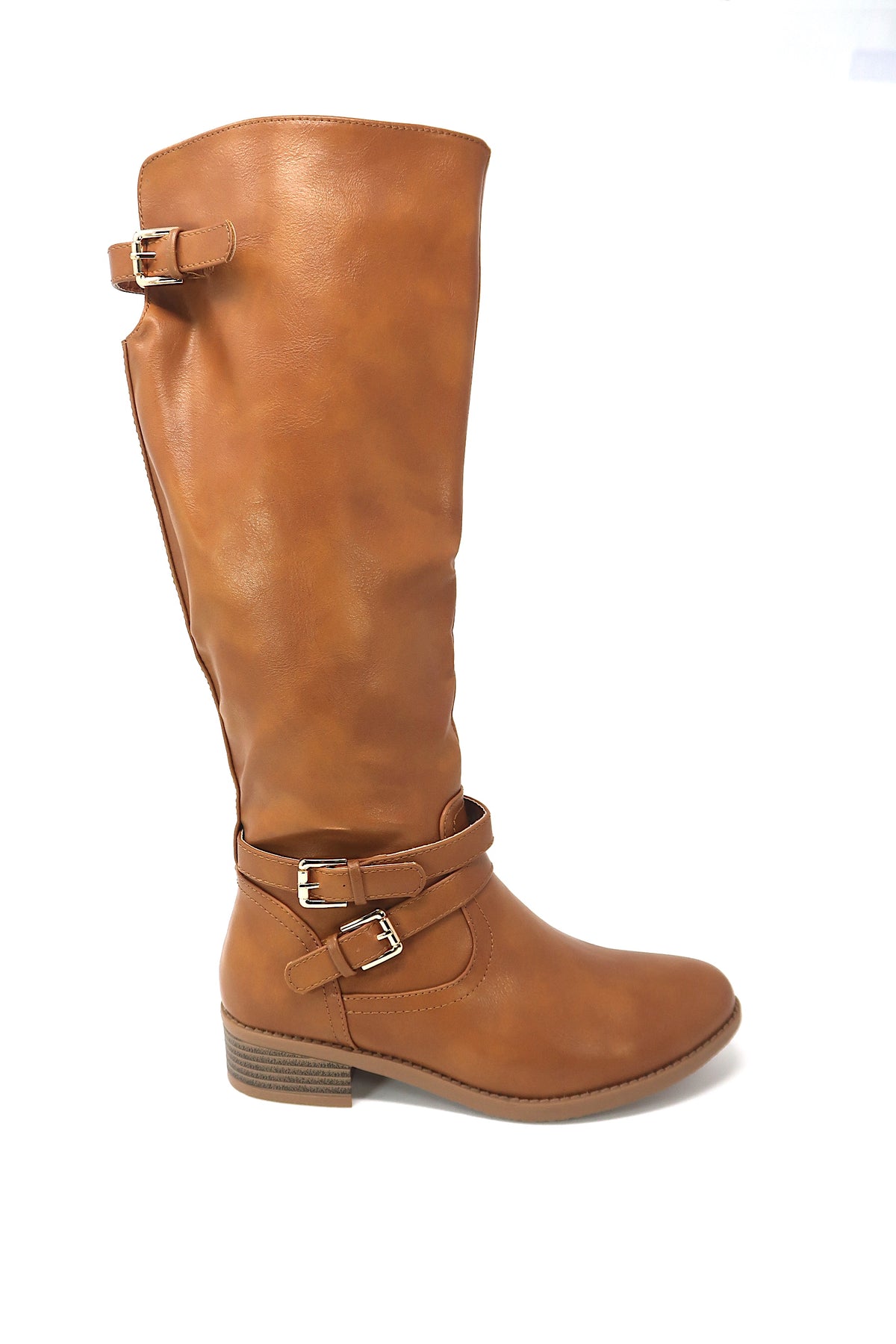 Women&#39;s Buckle Slouch Knee High Boots Tan leather