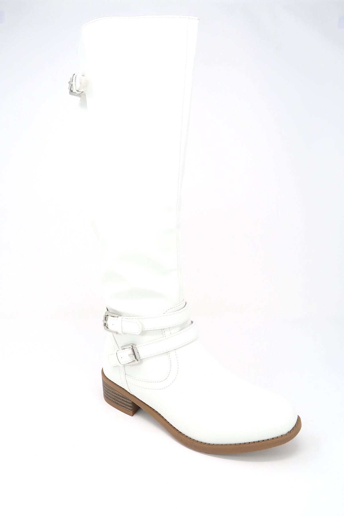 Women&#39;s Buckle Slouch Knee High Boots White  leather