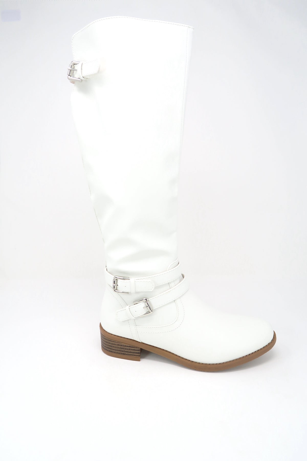 Women&#39;s Buckle Slouch Knee High Boots White leather