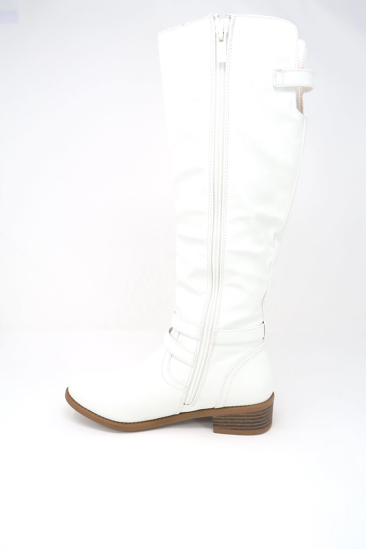 Women&#39;s Buckle Slouch Knee High Boots White leather