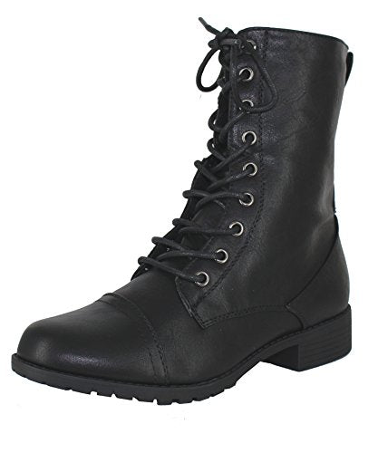 Forever Link Womens Round Toe Military Lace up Knit Ankle Cuff Low Heel Combat Boots