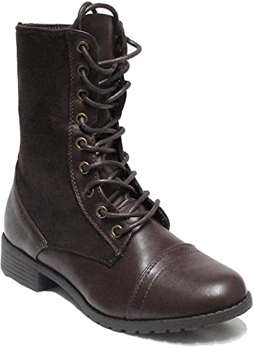 Forever Link Womens Round Toe Military Lace up Knit Ankle Cuff Low Heel  Combat Boots